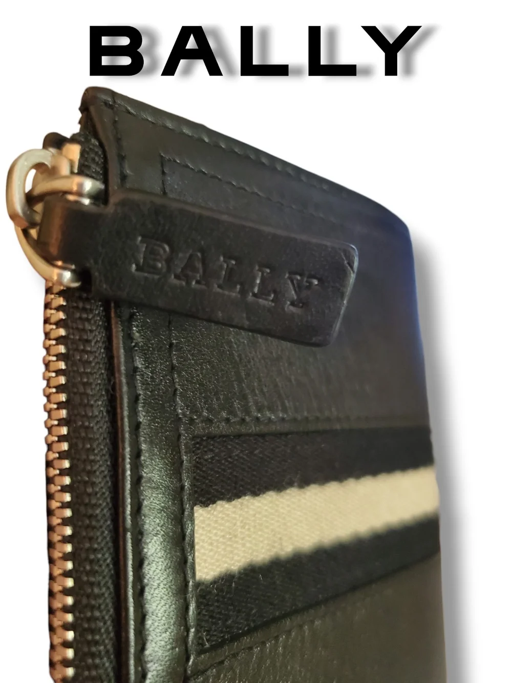Authentic Bally Black Leather Striped Bifold Compact Wallet with Side Zip